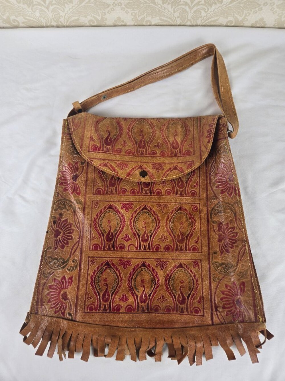 Artisan Handmade Tooled Leather Handbag Short/Long Strap Painted Fringed Bottom